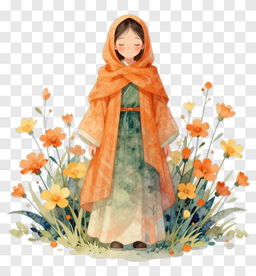 Girl In Orange Cloak Surrounded By Flowers PNG