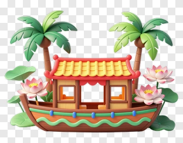 Colorful Boat Surrounded By Palm Trees And Lotus Flowers PNG