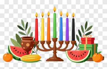 Colorful Menorah With Fruits And Gifts PNG