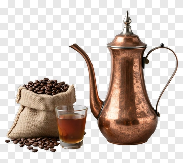 Copper Coffee Pot With Coffee Beans And Glass PNG