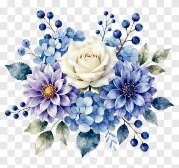 Watercolor Floral Bouquet With Blue And White Flowers PNG
