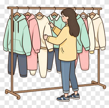 Woman Shopping For Clothes At A Rack PNG