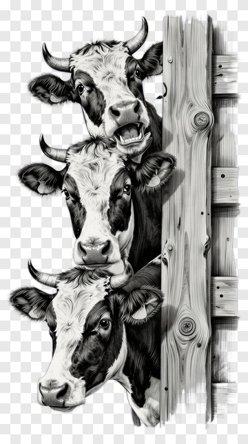 Three Cows Peeking Over A Wooden Fence PNG