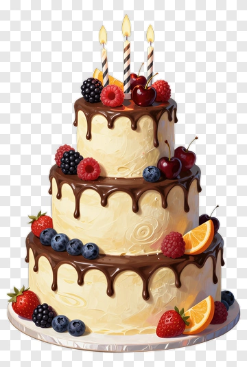 Three-Tiered Birthday Cake With Berries And Candles PNG