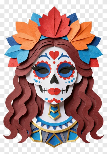 Colorful Paper Skull With Floral Headdress PNG