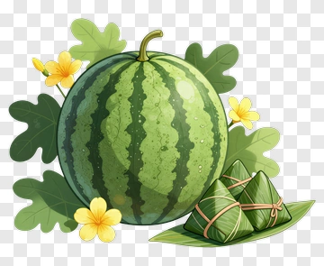 Watermelon Surrounded By Green Leaves And Flowers PNG