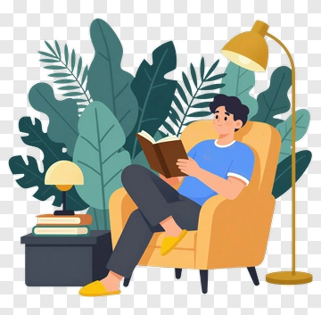 Man Reading A Book In A Cozy Living Room PNG