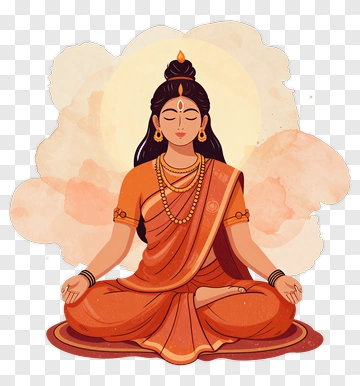 Cartoon Woman Meditating In Traditional Attire PNG