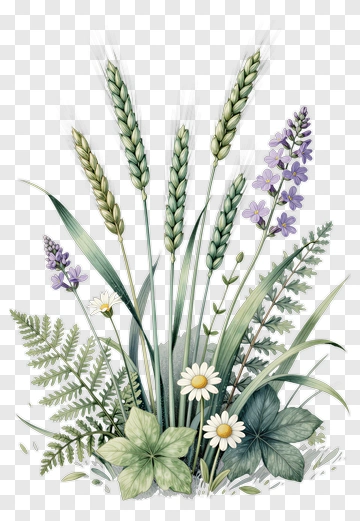 Botanical Illustration Of Wildflowers And Grasses PNG