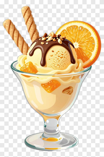 Ice Cream Sundae With Orange Slice And Wafer Sticks PNG