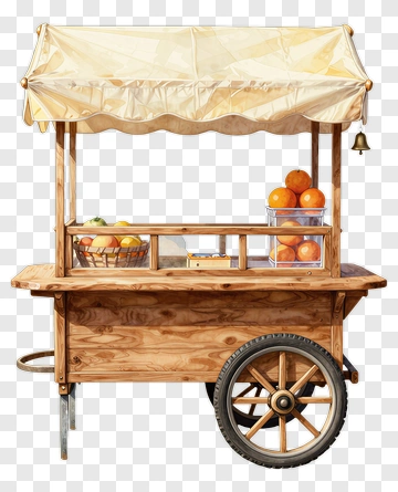 Wooden Fruit Cart With Oranges And Apples PNG