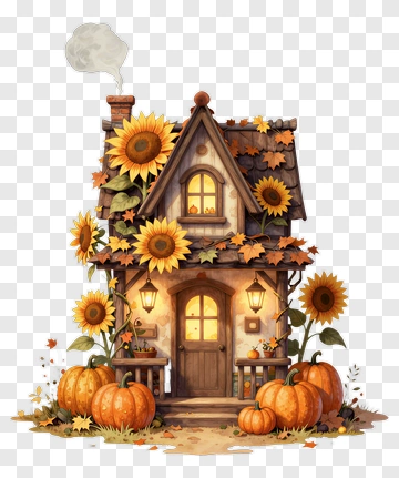 Autumn House With Pumpkins And Sunflowers PNG
