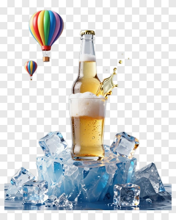 Cold Beer Bottle On Ice With Hot Air Balloons PNG