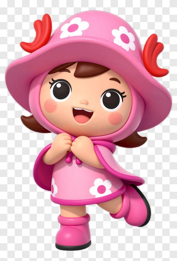 Cartoon Girl In Pink Raincoat With Flowers PNG