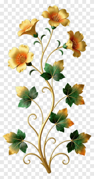 Golden Floral Vine With Green Leaves PNG