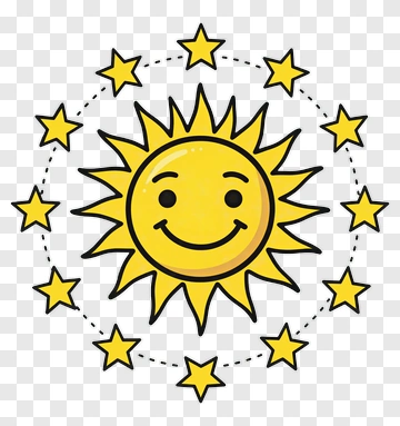 Cartoon Sun With Smiling Face And Stars PNG