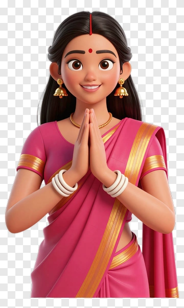 Cartoon Woman In Pink Saree With Hands Together PNG