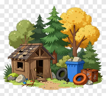 Wooded Scene With A Cabin And Trash Bins PNG