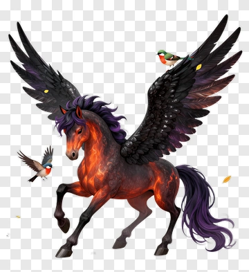 Mythical Winged Horse With Birds PNG