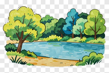 Colorful Forest Landscape By A Tranquil River PNG