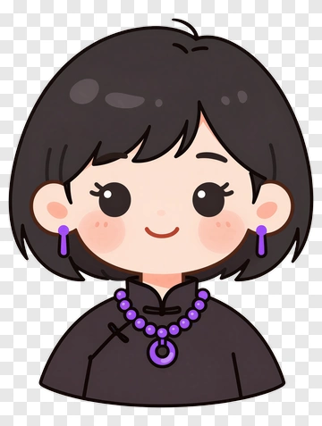 Cartoon Girl With Black Hair And Purple Accessories PNG