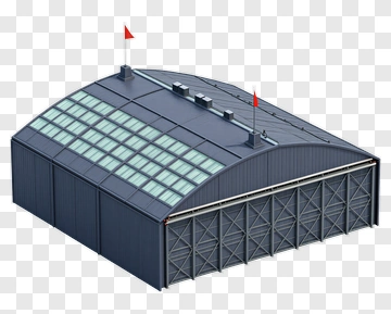 Hangar Building With Glass Roof And Red Flags PNG