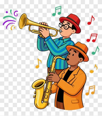 Cartoon Musicians Playing Trumpet And Saxophone PNG