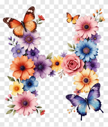 Floral Letter H With Butterflies PNG