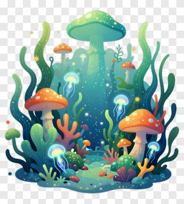 Colorful Underwater Scene With Mushrooms And Jellyfish PNG
