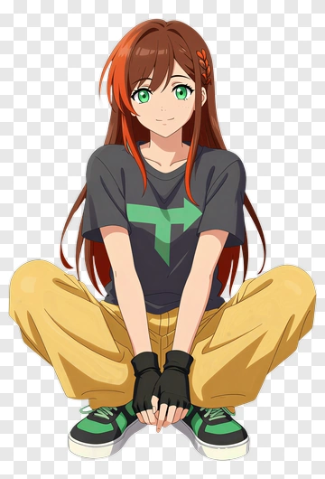 Anime Girl Sitting With Green Eyes PNG