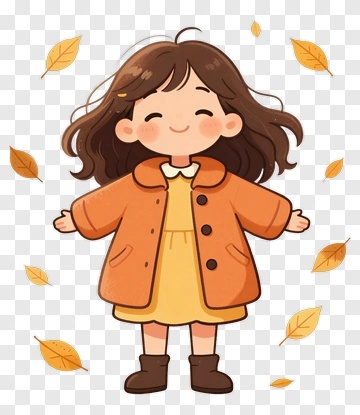 Cartoon Girl In An Orange Coat Surrounded By Falling Leaves PNG