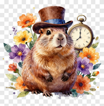 Groundhog Wearing A Top Hat Surrounded By Flowers PNG