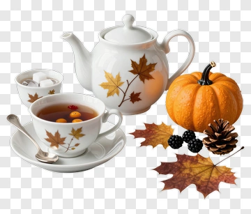 Autumn Tea Set With Pumpkin And Leaves PNG