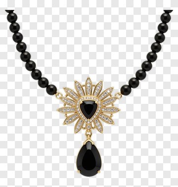 Elegant Black Beaded Necklace With Gold Pendant PNG