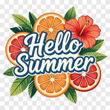 Hello Summer With Tropical Fruits And Hibiscus PNG