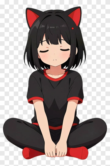 Anime Girl With Cat Ears Sitting Cross-Legged PNG