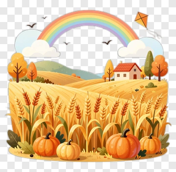 Colorful Autumn Landscape With Pumpkins And Rainbow PNG