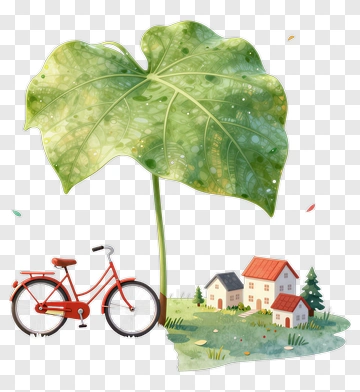 Bicycle Under A Large Leaf With Houses In The Background PNG