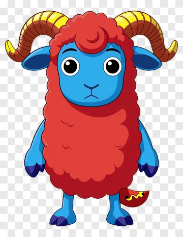 Cartoon Blue Sheep With Red Wool And Curly Horns PNG