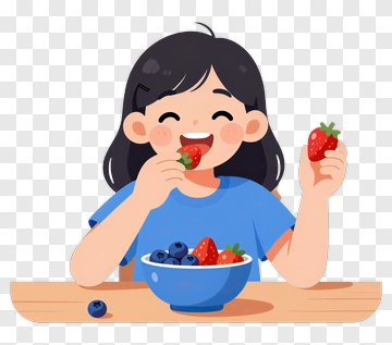 Cartoon Girl Eating Strawberries PNG