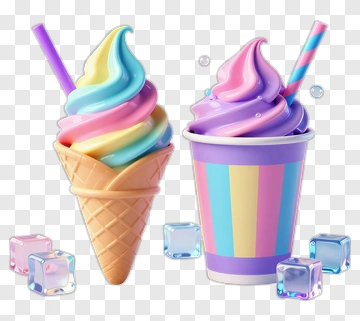 Colorful Ice Cream Cones And Cup With Straws PNG