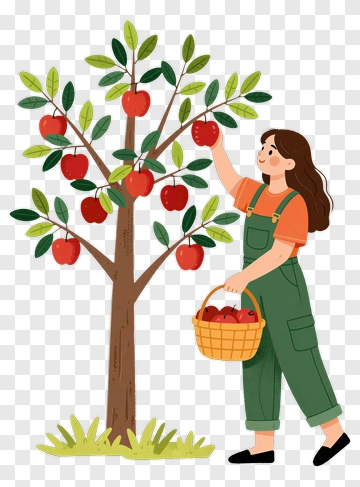 Woman Picking Apples From A Tree PNG