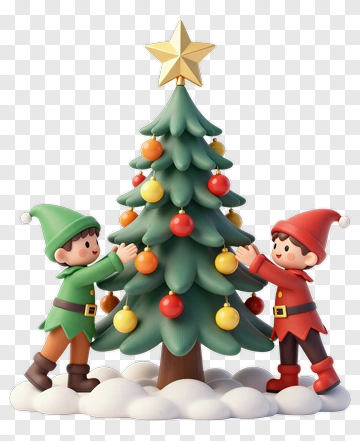 3D Elves Decorating A Christmas Tree PNG