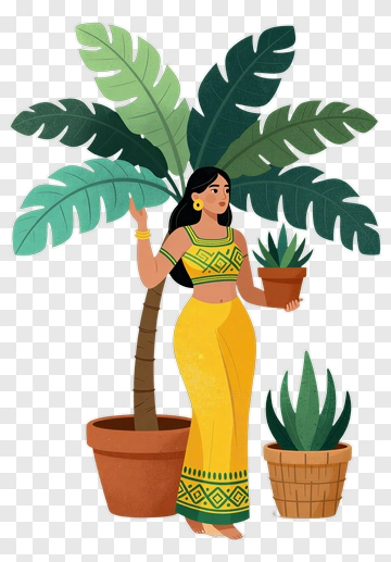 Woman Holding A Potted Plant Next To A Palm Tree PNG