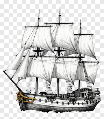 Detailed Ship Illustration With White Sails PNG