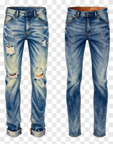 Stylish Denim Jeans With Ripped Design PNG