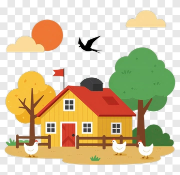 Colorful Farmhouse With Trees And Chickens PNG