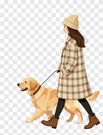 Woman Walking A Golden Retriever Dog PNG