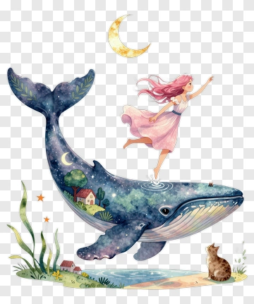 Girl Standing On A Whale Under The Moonlight PNG