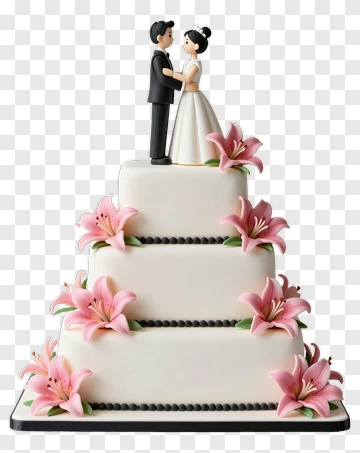 Wedding Cake With Bride And Groom Figurines PNG